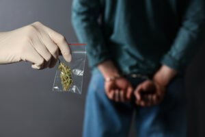 Police worker holding hemp in plastic bag near arrested drug dealer on color background